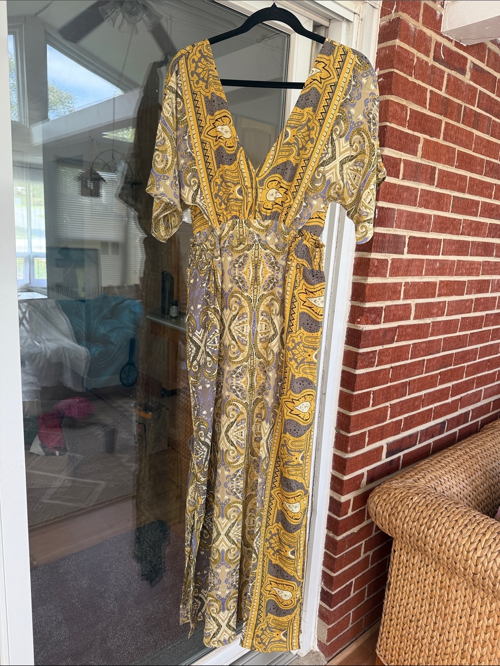 Yellow Paisley V-Neck Maxi Dress with Tie Waist